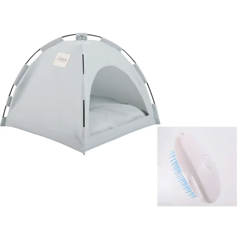 Light gray fabric cat tent with black metal frame poles and small white label front for olive green zippered cooling mat use