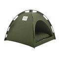 Olive green zippered cat tent made of canvas with black metal frame and matching cushion inside for pet comfort