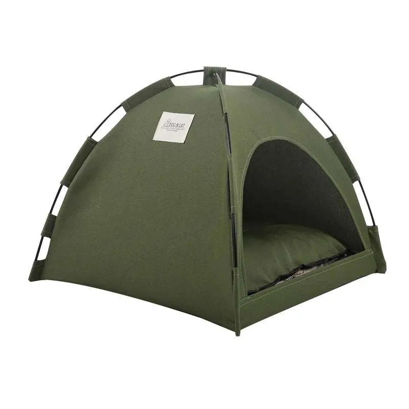 Olive green zippered cat tent made of canvas with black metal frame and matching cushion inside for pet comfort