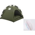 Olive green zippered cat tent with black metal frame and white label designed for comfortable pet shelter