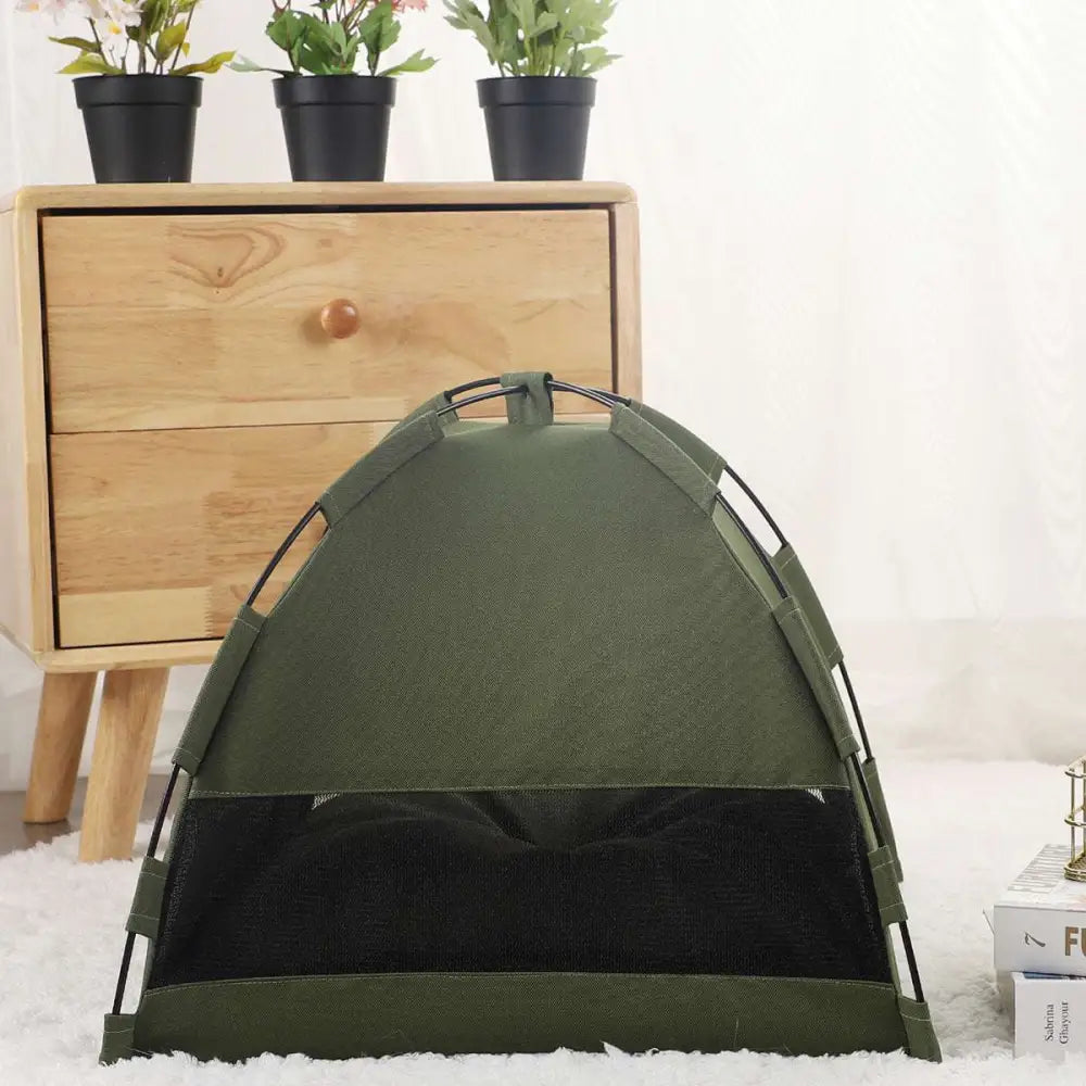 Olive green zippered cat tent with metal frame and black mesh material for ventilation and comfort