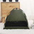 Olive green zippered cat tent with metal frame featuring black mesh panel for ventilation and cooling mat use