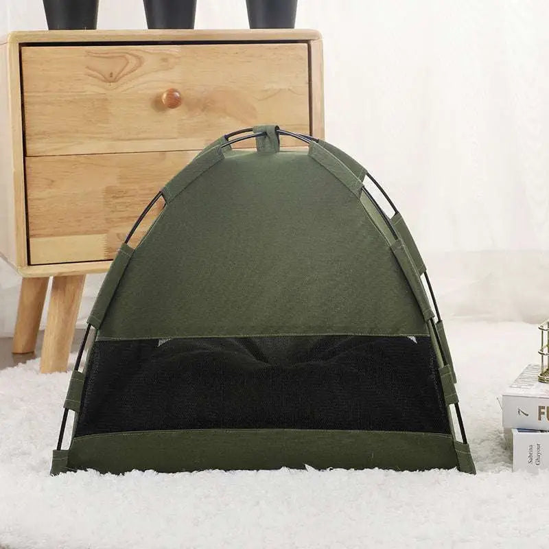 Olive green zippered cat tent with metal frame featuring black mesh panel for ventilation and cooling mat use
