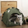 Olive green zippered cat tent with black metal frame and zipper entryway designed for pet comfort and cooling mat use