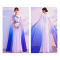A flowing ombre cape blue floral choral dress with delicate embroidery for red song competition events