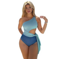 A two-toned blue ribbed piece swimsuit with one shoulder design and tummy control tied waistband