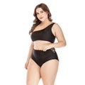 Black one-shoulder plus size swimsuit with high waist and side cutout details for stylish beachwear