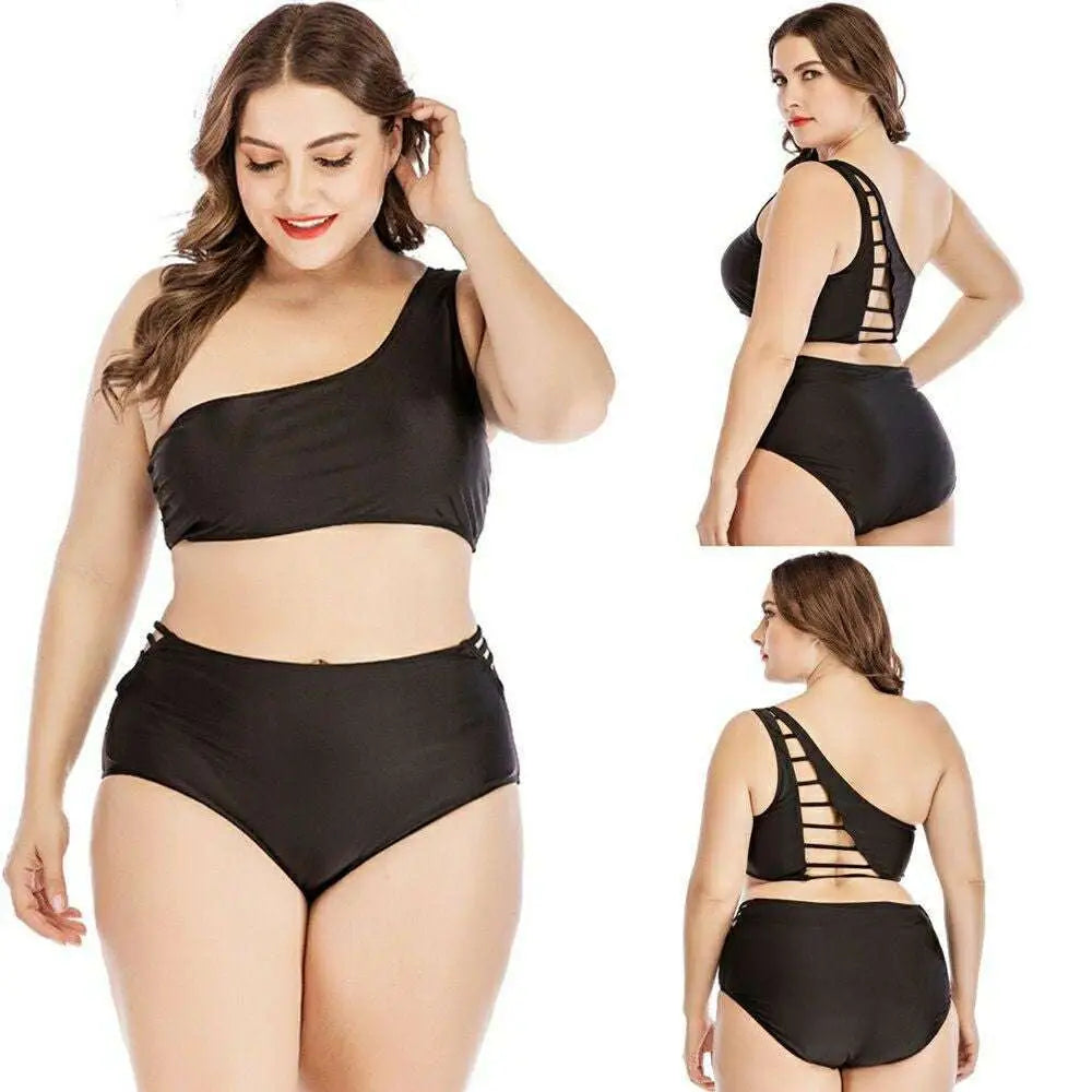 Black one-shoulder plus size swimsuit with high waist and lace-up back detailing shown from the back side