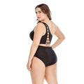 Back view of black one-shoulder plus size swimsuit with strappy back design and high waist bottoms