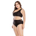 Black one-shoulder high waist plus size swimsuit with side cutout details in a sleek swimwear set design
