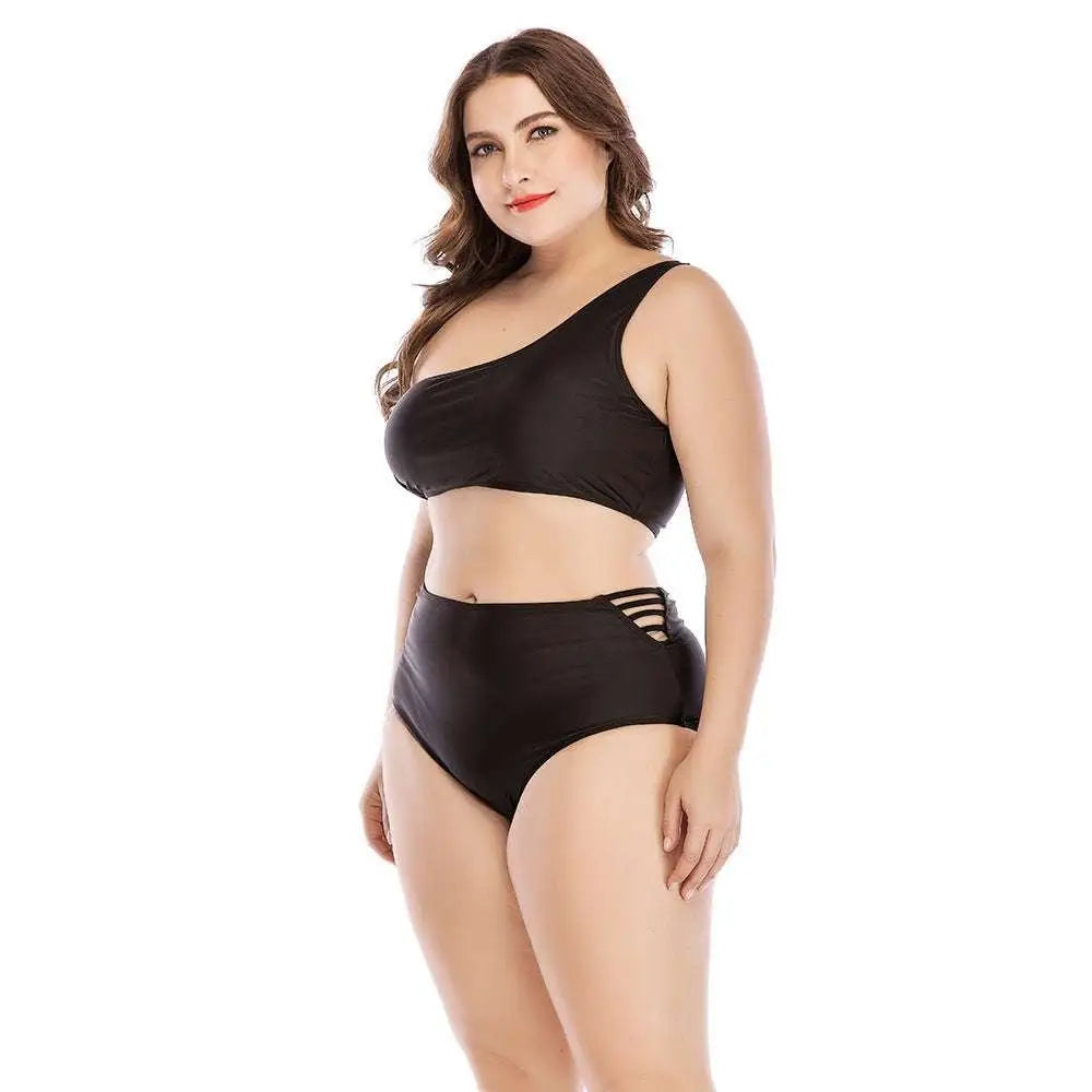 Black one-shoulder high waist plus size swimsuit with side cutout details in a sleek swimwear set design
