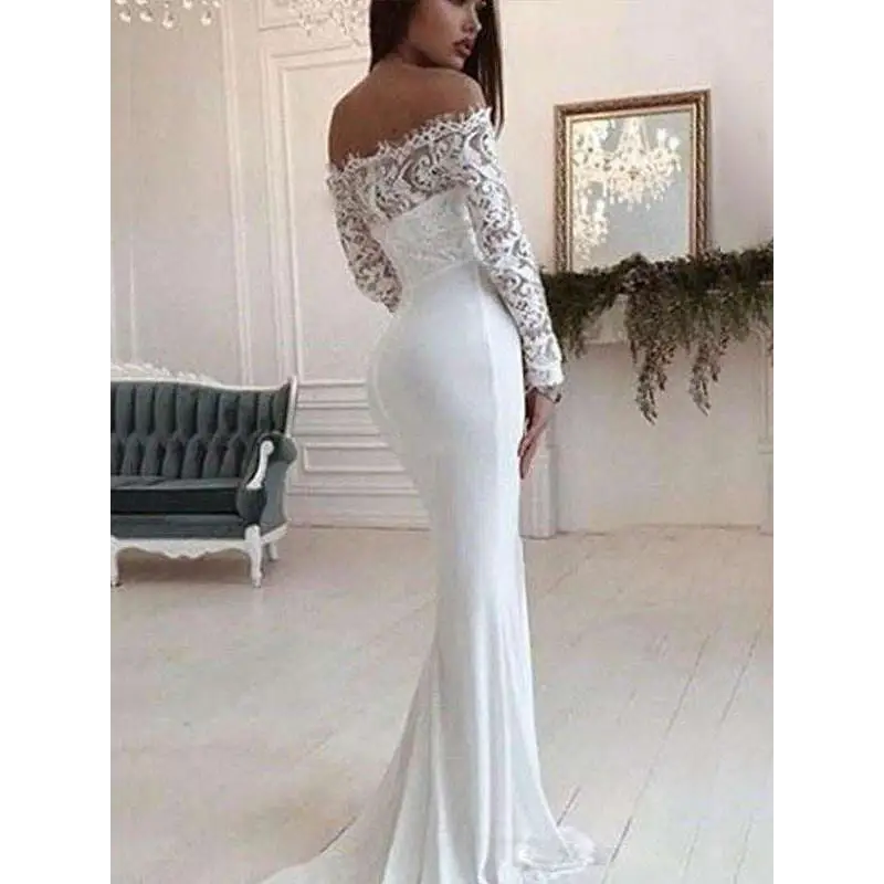 White mermaid wedding dress with lace long sleeve and off-the-shoulder sleeve shoulder lace in sleek satin skirt