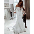 White off the shoulder mermaid wedding dress with lace long sleeve bodice and sheer sleeve shoulder lace detailing
