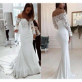 White off-the-shoulder mermaid wedding dress with lace long sleeve and fitted bodice featuring sleeve shoulder lace details