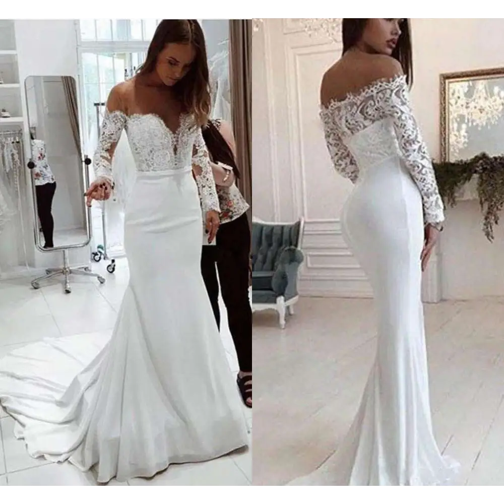White off-the-shoulder mermaid wedding dress with lace long sleeve and fitted bodice featuring sleeve shoulder lace details