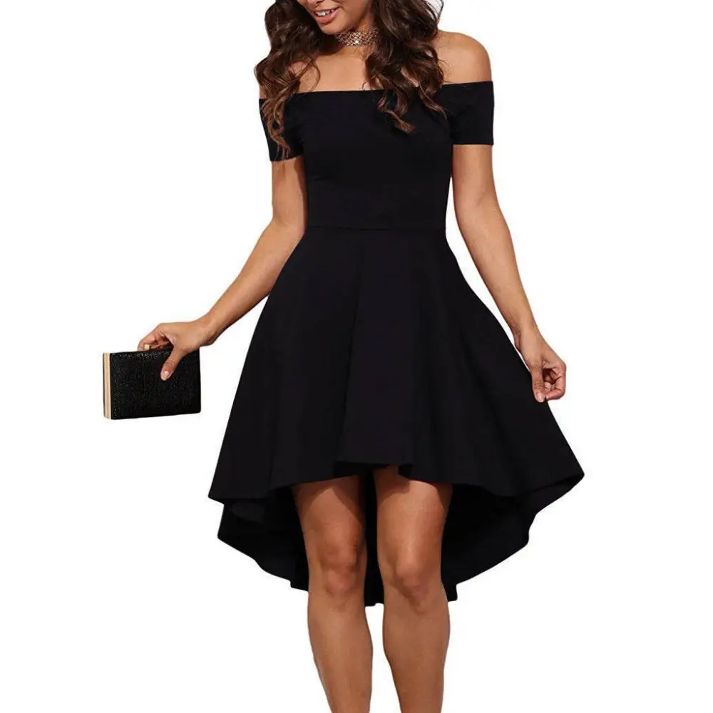 Black off-the-shoulder midi dress with fitted bodice and large swallowtail skirt perfect for formal occasions