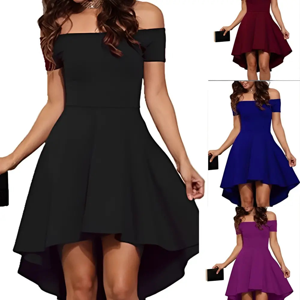 Black off-the-shoulder midi dress with fitted bodice and large swallowtail skirt featuring short sleeves and flared hem