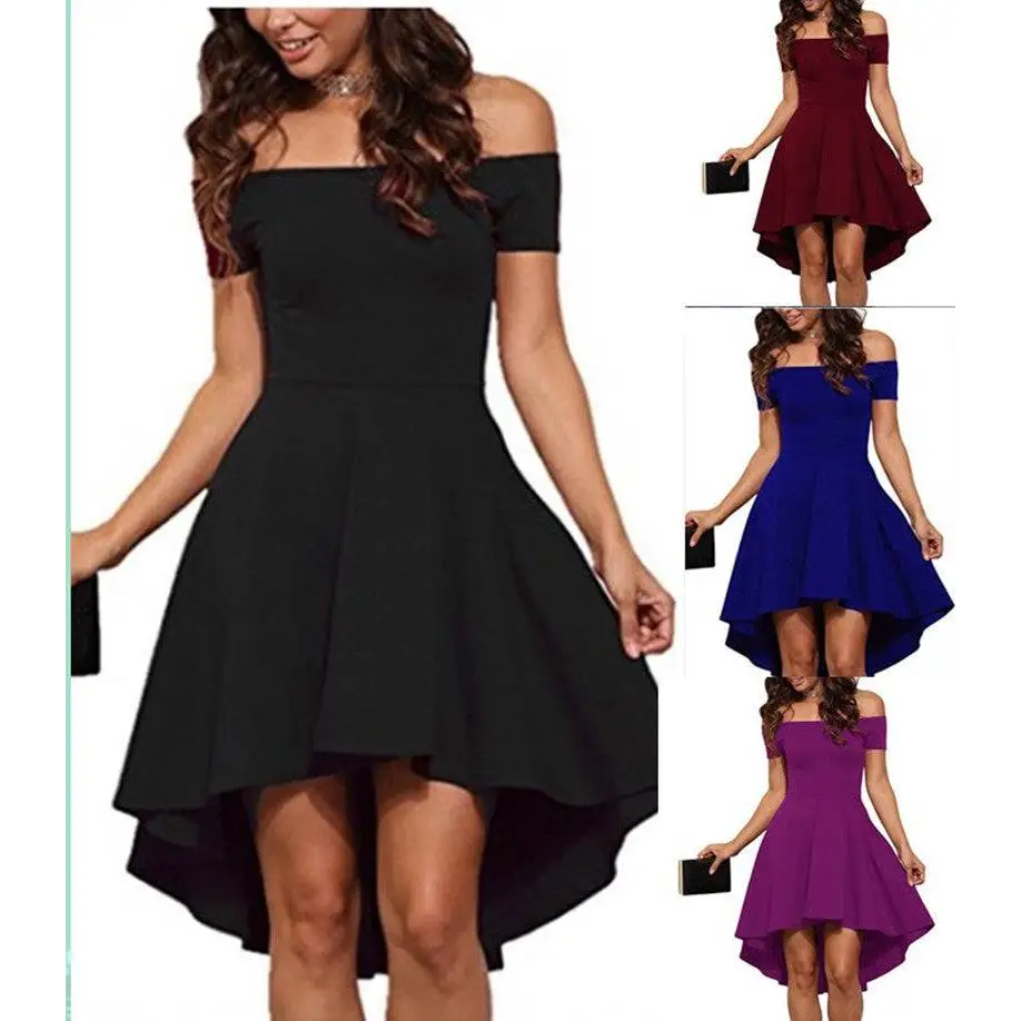 Black off-the-shoulder short sleeve dress with large swallowtail skirt and flared high-low hem for elegant occasions