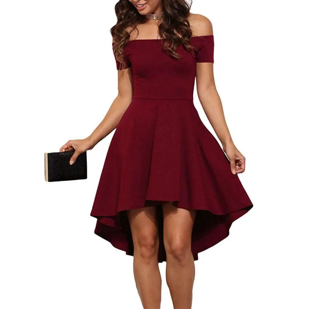 A woman wears a maroon off-the-shoulder midi dress with a fitted bodice and a large swallowtail skirt