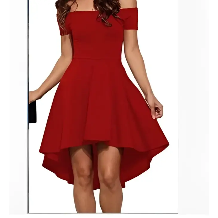 Red off-the-shoulder midi dress with fitted bodice and large swallowtail skirt in a flared high-low design