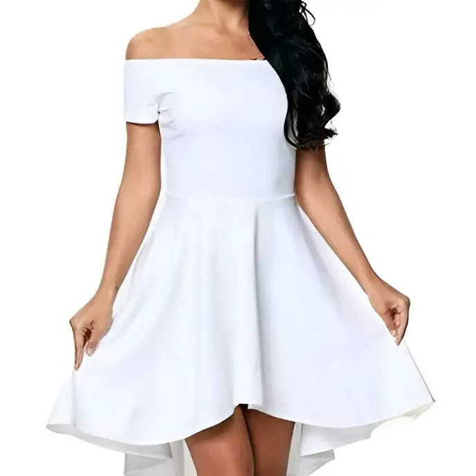 White off-the-shoulder midi dress with fitted bodice and large swallowtail skirt featuring short sleeves and high-low hemline