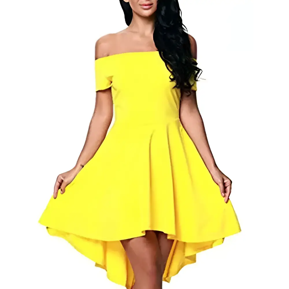 A vibrant yellow off-the-shoulder midi dress with a fitted bodice and large swallowtail skirt with short sleeves