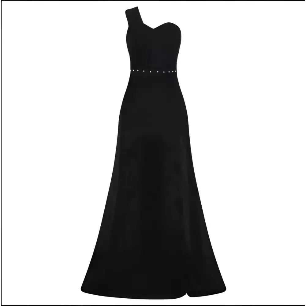 Black velvet one shoulder sleeveless bronzing split dress with fitted bodice and rose gold beaded waistband