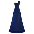 A deep blue sleeveless bronzing split dress with a black bodice and subtle beaded waist detailing for evening wear