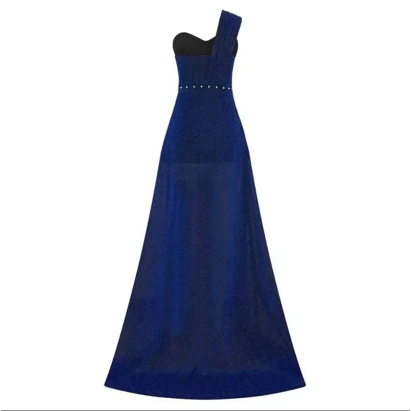 A deep blue sleeveless bronzing split dress with a black bodice and subtle beaded waist detailing for evening wear