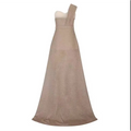 Beige one shoulder sleeveless bronzing split dress with fitted bodice, shimmering texture, and beaded belt detail