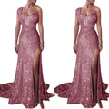 A sleeveless bronzing split rose gold evening gown with a sweetheart neckline high slit and flowing train