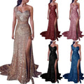 One shoulder sleeveless bronzing split dress in rose gold, burgundy, black, and blue sequined mermaid gown