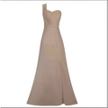 A shimmering taupe sleeveless bronzing split dress with one shoulder, fitted bodice, and delicate beaded belt in rose gold