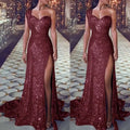 A sleeveless bronzing split dress featuring a shimmering burgundy rose gold sequined one shoulder gown with high slit