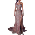 A rose gold sleeveless bronzing split evening gown with one shoulder, heart-shaped neckline, and high slit