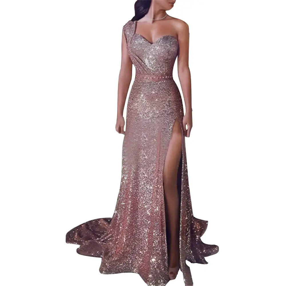 A rose gold sleeveless bronzing split evening gown with one shoulder, heart-shaped neckline, and high slit