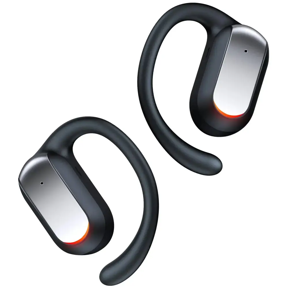 Black and silver tagry s64 open ear headphones with earhooks and glowing orange accents bluetooth earbuds offer