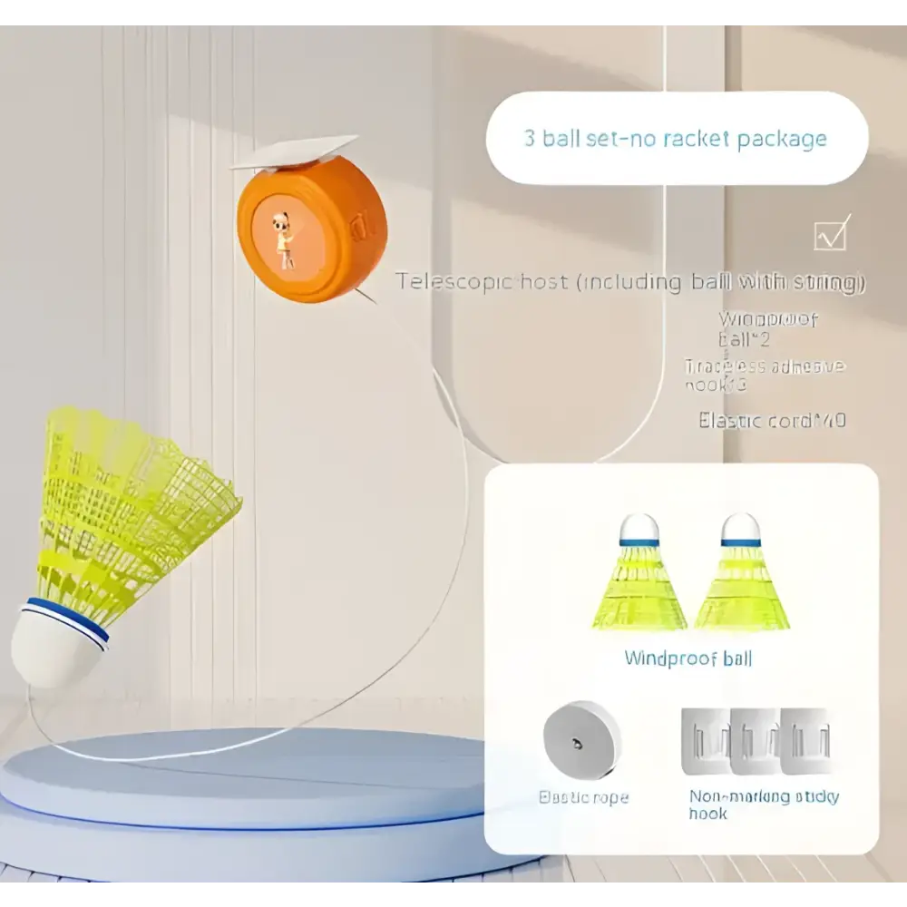 Orange ceiling mounted indoor badminton trainer with three yellow shuttlecocks for hand-eye coordination and racket control
