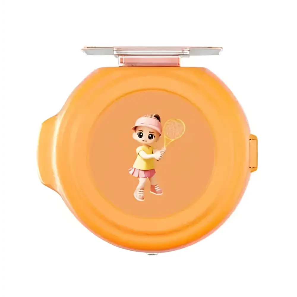 Orange circular compact mirror printed with cartoon girl holding tennis racket for indoor badminton trainer use