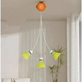 Orange ceiling mounted indoor badminton trainer with three yellow shuttlecocks for hand-eye coordination and racket control