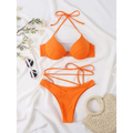 Bright orange crisscross split bikini set with halter top tied straps and high-cut bottoms in smooth stretchy fabric