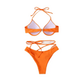 Bright orange crisscross split bikini set with halter style, adjustable ties, silver clasp, and smooth stretchy fabric