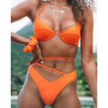 Vibrant orange crisscross split bikini set with structured top and high cut bottoms in smooth stretchy fabric