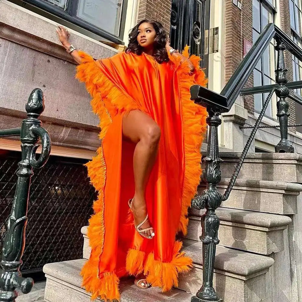 African Women's Loose Dress Luxury Fully Surrounded Light Feather Batwing Sleeve High Slit Robe Button Full Cup Plus Size Bra Without Wi Royalessencelux