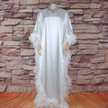 White satin dress luxury robe with orange feathered loose trim fully surrounded along sleeves and hem