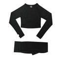 Black long-sleeved crop top with raglan sleeves and wrist cutout paired with matching leggings in orange jacquard seamless yoga set