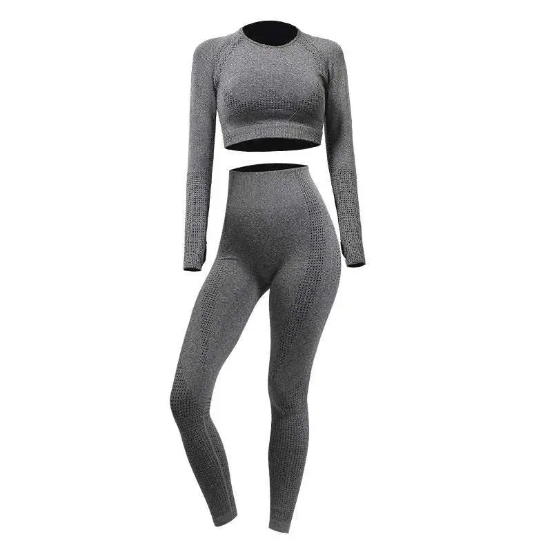 Gray textured long-sleeve crop top and high-waisted leggings in orange jacquard seamless yoga two piece set