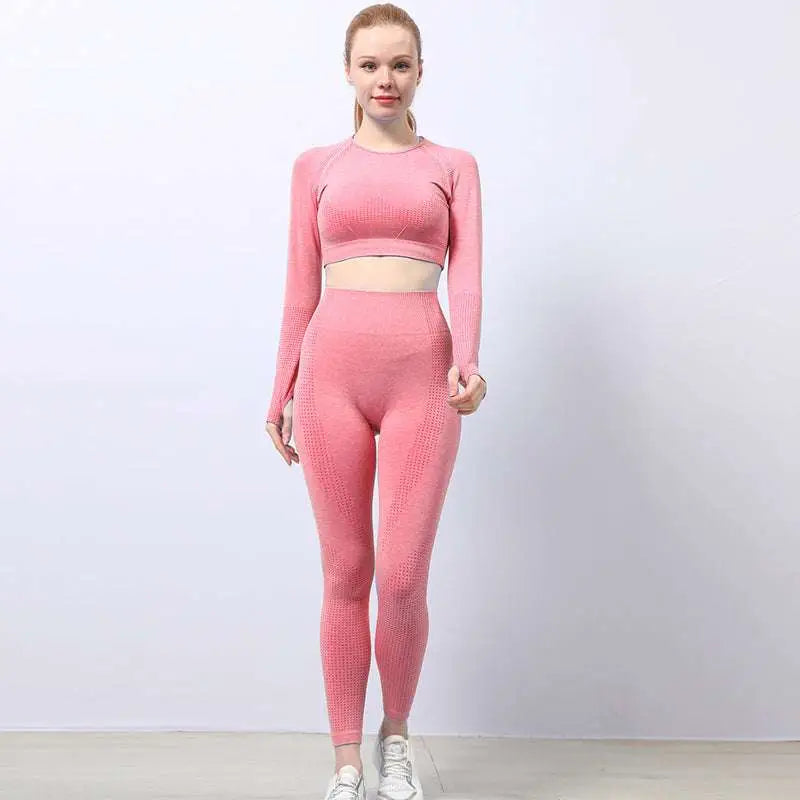 Orange jacquard seamless two-piece workout set featuring mesh details designed for yoga and activewear use