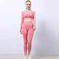 Pink two-piece athletic set with textured knit fabric and long sleeves featured in orange jacquard seamless yoga collection