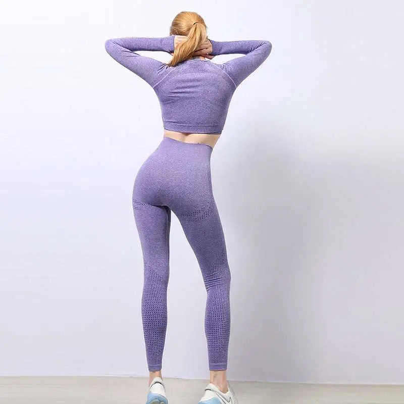 Purple textured long-sleeve crop top and leggings set in orange jacquard seamless yoga two piece seamless yoga set